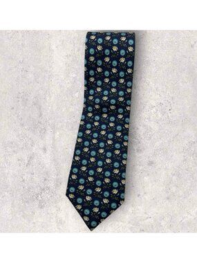 DORMEUIL Silk Tie ITALY Navy Blue Yellow Fruit Floral W:3.8" EUC